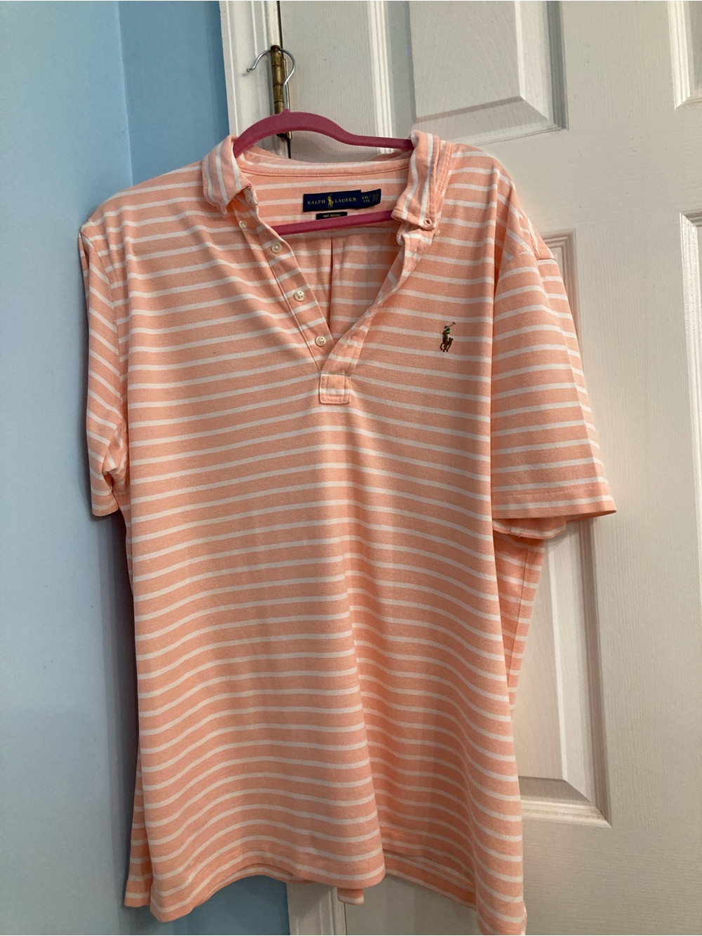 Ralph Lauren Peach and White Striped Short-Sleeve Polo